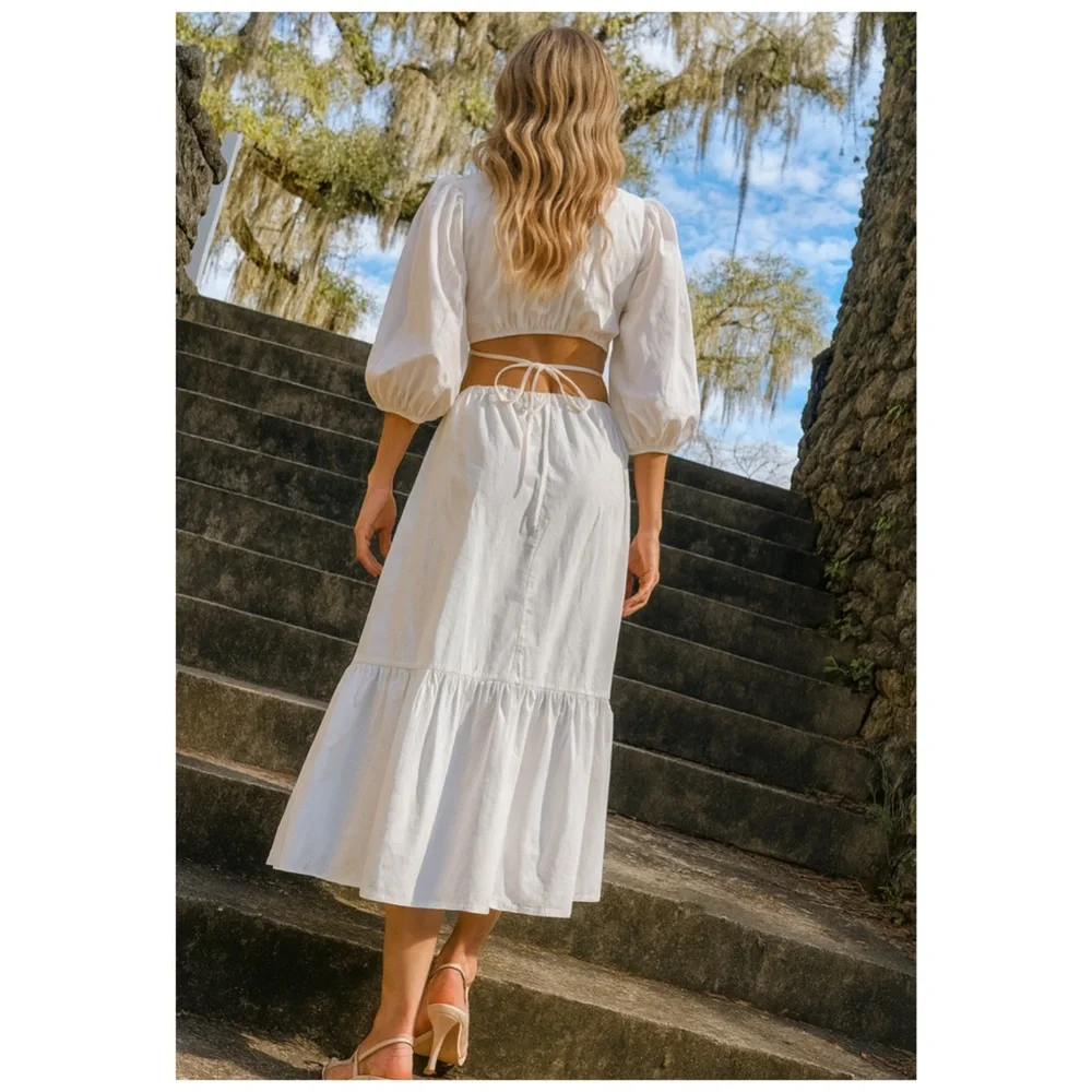 ASTR White Cutout Surplice Midi Dress Puff Sleeve Resort Vacation L NWT - Picture 3 of 14